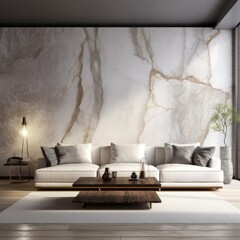Abstract marble stone paneling wall in room with white sofa. Beautiful interior design of modern living room