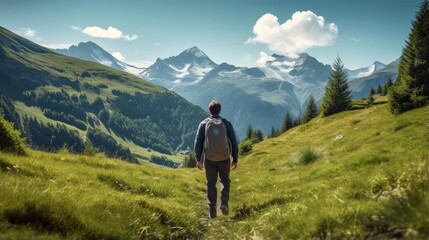 Male hiker, full body, view from behind, walking on a trail in the alps