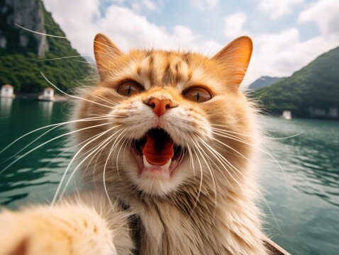 A cute and happy cat smiles while taking a selfie in front of Halong Bay
