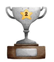 Isolated cute silver trophy with number 2 star in transparent background