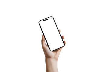 Woman hand holding up smartphone, empty, template, mockup, screen, display