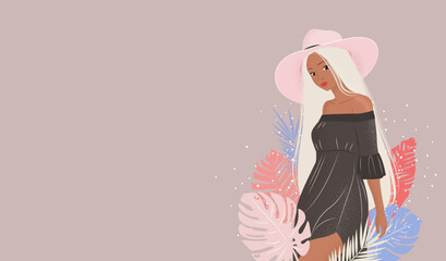 Vector horizontal banner with woman in hat. Art