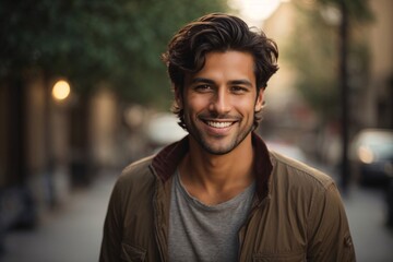 A young man smiling in street