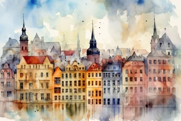 Keuken foto achterwand Aquarelschilderij wolkenkrabber Soft watercolor painting of a city, architecture, streets, landmarks.