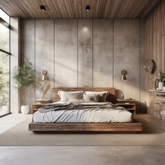 Boho interior design of modern bedroom with concrete and wooden paneling wall