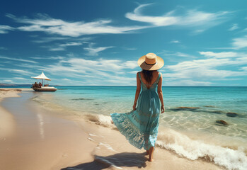 Fototapeta na wymiar Ai generative young tourist woman in summer dress and hat standing on beautiful sandy beach. Cute girl enjoying