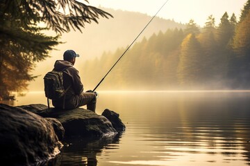 Man on shore of lake with fishing rod. Fishing