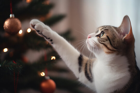 Domestic cat touching Christmas tree decoration. Generative AI