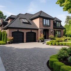 Brick family house with black roof tiles, two garages and beautiful landscaping designed front yard