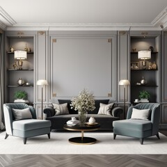 Classic cozy room with gray sofa and armchairs. Interior design of modern living room