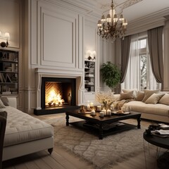 Classic interior design of living room with fireplace