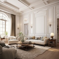 Classic interior design of living room with paneling wall and ceiling with cornices and moldings