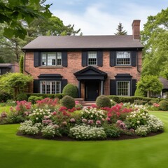 Fototapeta na wymiar Colonial style brick family house exterior with black roof tiles. Beautiful front yard with lawn and flower bed