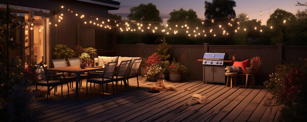 Summer Evening on a Beautiful Patio Deck in Suburbs, Hanging Lights, Modern Furniture, Cozy, Generative AI