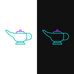 Line Magic lamp or Aladdin lamp icon isolated on white and black background. Spiritual lamp for wish. Colorful outline concept. Vector