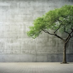  Concrete wall and green tree. Abstract urban background