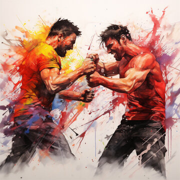 Vibrant Watercolor Painting, MMA Fighters Clashing, About to Punch Each Other with Great Force, Generative AI