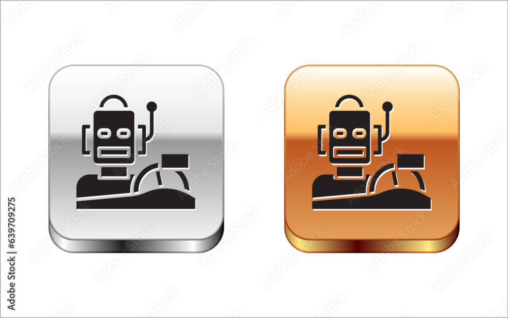 Poster black robot humanoid driving a car icon isolated on white background. artificial intelligence, machi