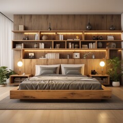 Cozy interior design of modern bedroom with wooden bed and shelves