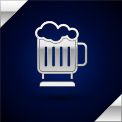 Silver Wooden beer mug icon isolated on dark blue background. Vector