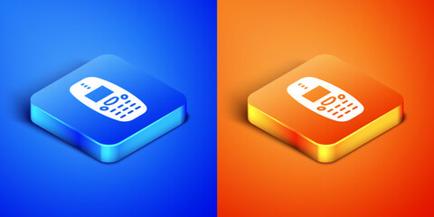 Isometric Old vintage keypad mobile phone icon isolated on blue and orange background. Retro cellphone device. Vintage 90s mobile phone. Square button. Vector