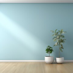 Fototapeta premium Empty room interior background, blue wall, pot with plant, wooden flooring rendering