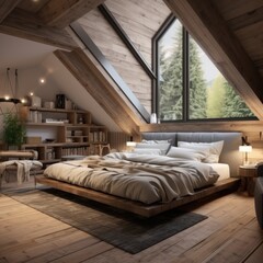 Farmhouse style interior design of modern bedroom in attic