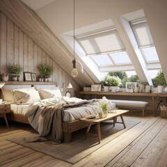 Farmhouse style interior design of modern bedroom in attic