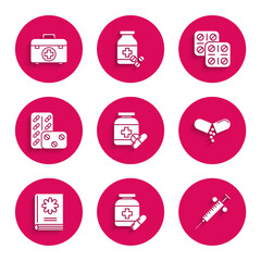 Set Medicine bottle and pills, Syringe, or tablet, Medical book, Pills blister pack, and First aid kit icon. Vector