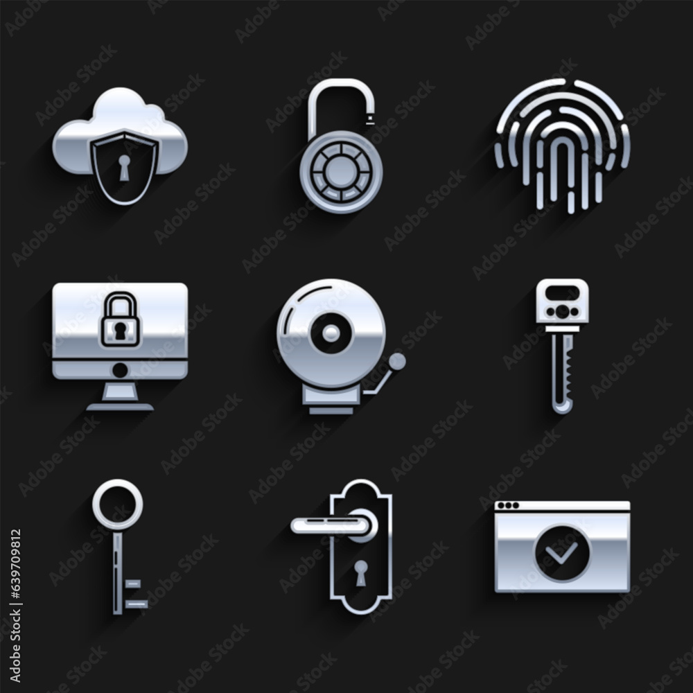 Poster set ringing alarm bell, door handle, secure your site with https, ssl, key, lock on computer monitor