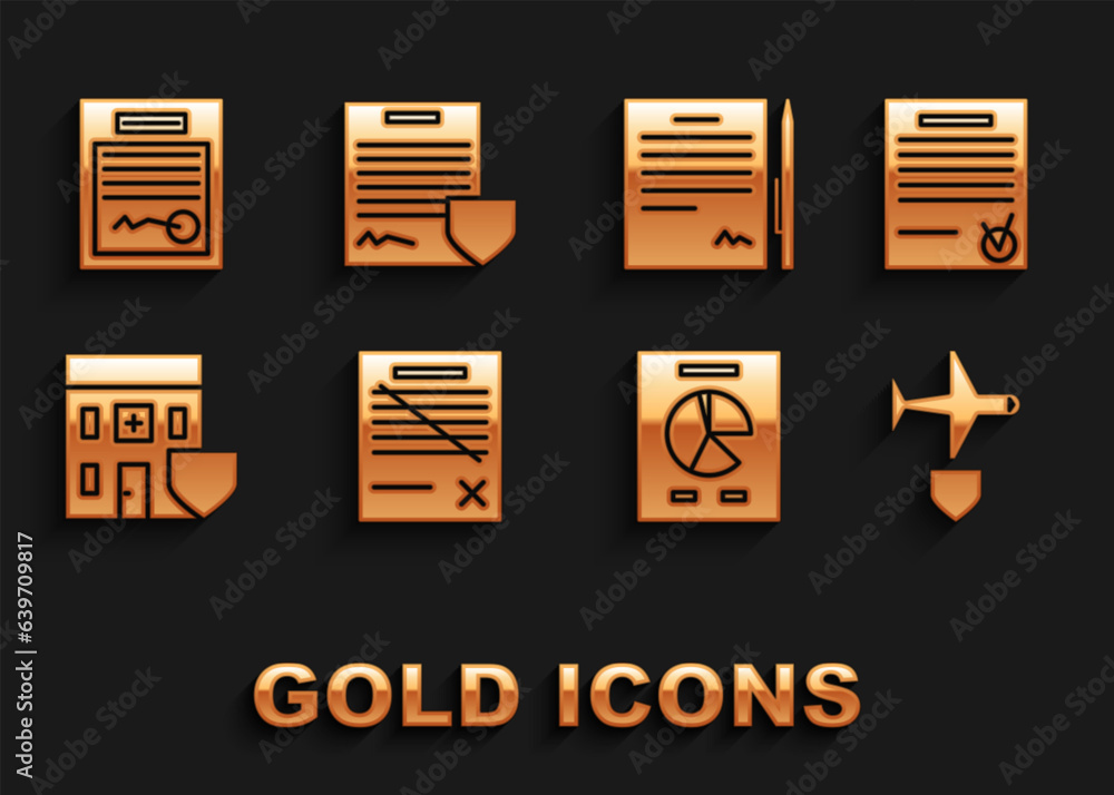 Poster set delete file document, confirmed and check mark, plane with shield, document graph chart, medical