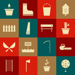 Set Tree, Chainsaw, Cactus and succulent pot, Bucket, Garden, fence wooden, Plant and Bench icon. Vector