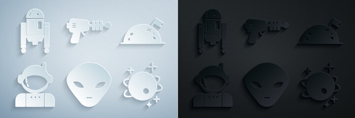 Set Alien, Planet with flag, Astronaut, Ray gun and Robot icon. Vector
