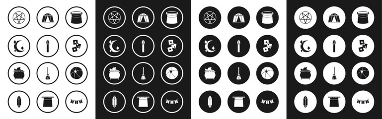 Fototapeta premium Set Magician hat, staff, Moon and stars, Pentagram in circle, Game dice, Circus tent, Beach ball and Witch cauldron icon. Vector