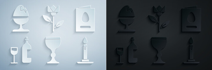 Set Wine glass, Greeting card with Happy Easter, bottle, Burning candle candlestick, Flower tulip and Chicken egg on stand icon. Vector