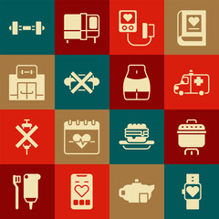 Set Smart watch, Cooking pot, Ambulance and emergency car, Blood pressure, No junk food, Gym building, Dumbbell and Women waist icon. Vector