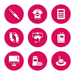 Set Virtual reality glasses, Burger, Man hat, Book, Computer monitor screen, Socks, Calculator and Audio jack icon. Vector