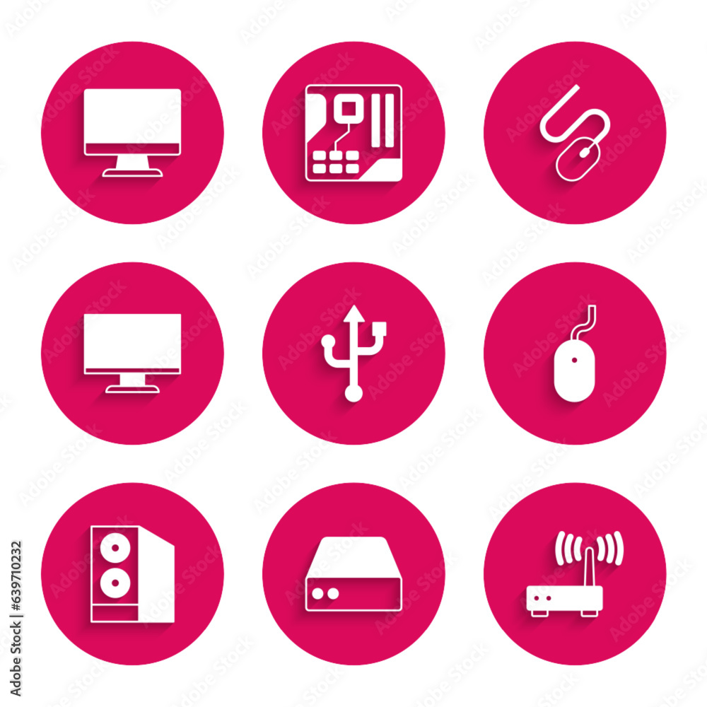 Poster set usb, server, data, web hosting, router and wi-fi signal, computer mouse, case of computer, monit