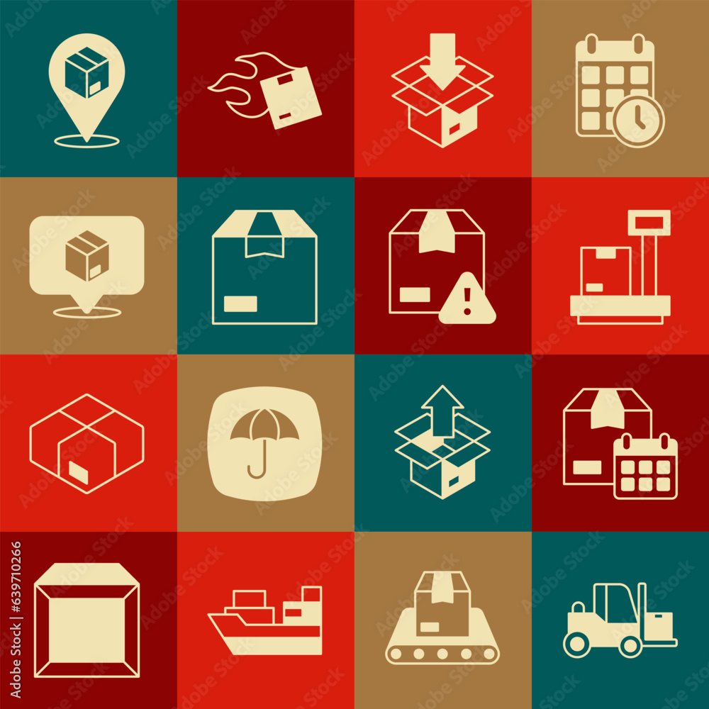 Poster Set Forklift truck, Cardboard box with calendar, Scale cardboard, Carton, Location, and Delivery security shield icon. Vector