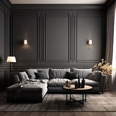 Gray corner sofa in room with black paneling walls. Neoclassical interior design of modern living room