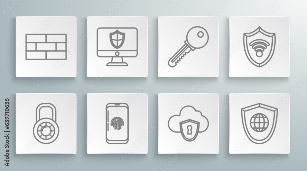 Poster set line safe combination lock wheel, computer monitor and shield, smartphone with fingerprint scann