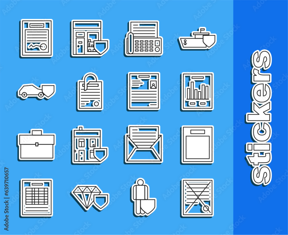 Wall mural Set line Delete file document, Empty form, Document with graph chart, Fax machine, File and paper clip, Car shield, Filled and Personal icon. Vector