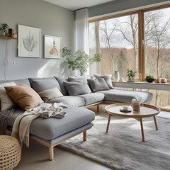 Gray fabric sofas against of big window in scandinavian style interior design of modern living room