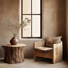 Hand-crafted barrel chair made from solid wood and stump coffee table near grunge stucco wall and window