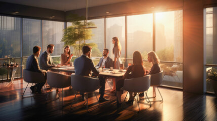 soft blurred focus picture of business teamwork brainstorming in modern office workspace at central business district.