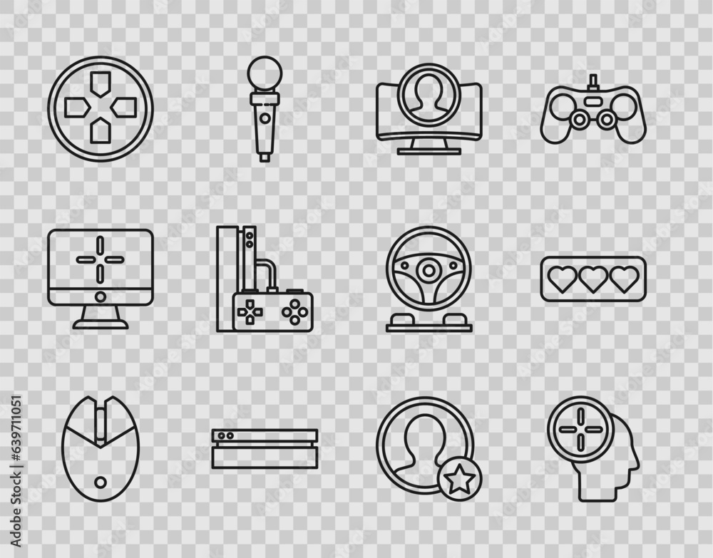 Poster set line computer mouse gaming, head hunting concept, create account screen, video game console, gam