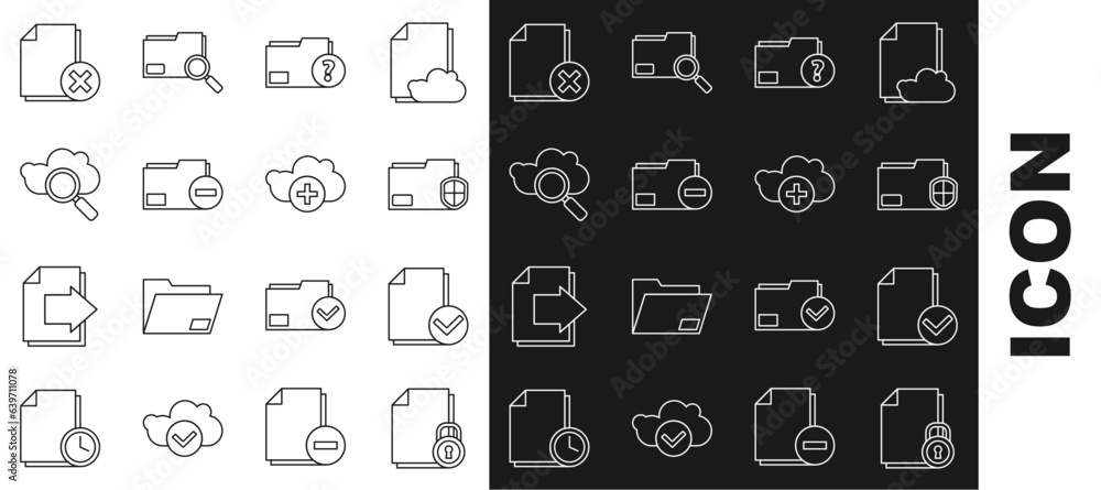 Poster set line document and lock, check mark, folder protection, unknown document, with minus, search clou
