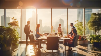 soft blurred focus picture of business teamwork brainstorming in modern office workspace at central business district.