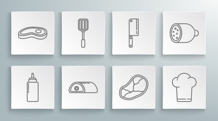 Set line Sauce bottle, Spatula, Meat, Steak meat, Chef hat, chopper, Salami sausage and icon. Vector