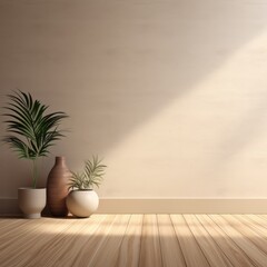 Fototapeta na wymiar Interior background of room with wooden paneling and beige stucco wall with copy space, pot with grass 3d rendering